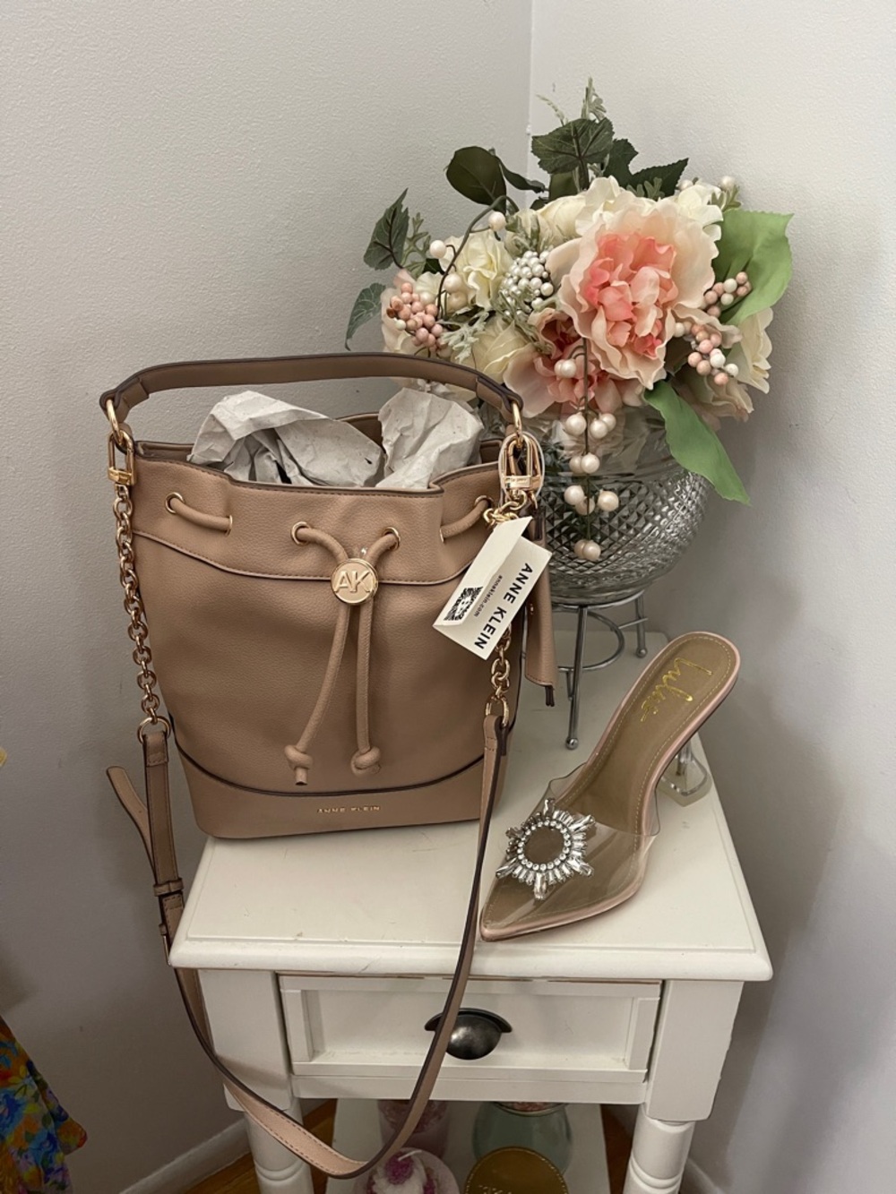 Anne Klein Tan-Taupe Drawstring Bucket Bag with Chain Strap
